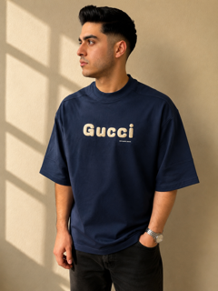 تیشرت مردانه لش باکسی استین سه ربع پارچه دورس ماکان گرم بالا گلدوزی پفکی Gucci