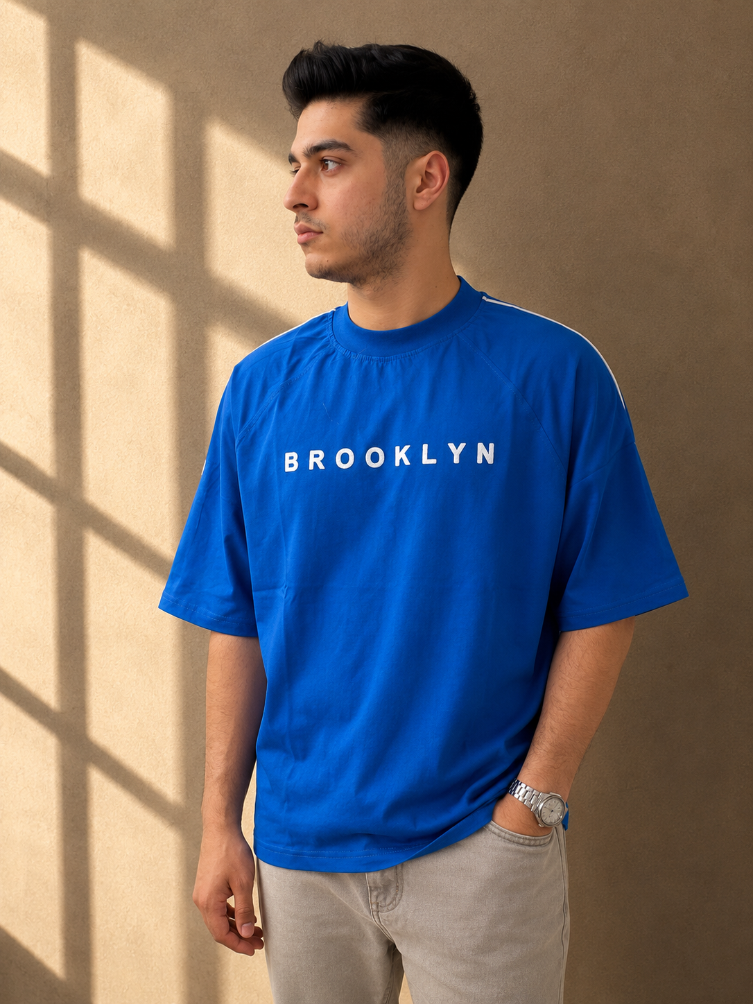 تیشرت مردانه لش باکسی استین سه ربع پارچه ماکان 20 مغزی دوزی چاپ پفکی BROOKLYN