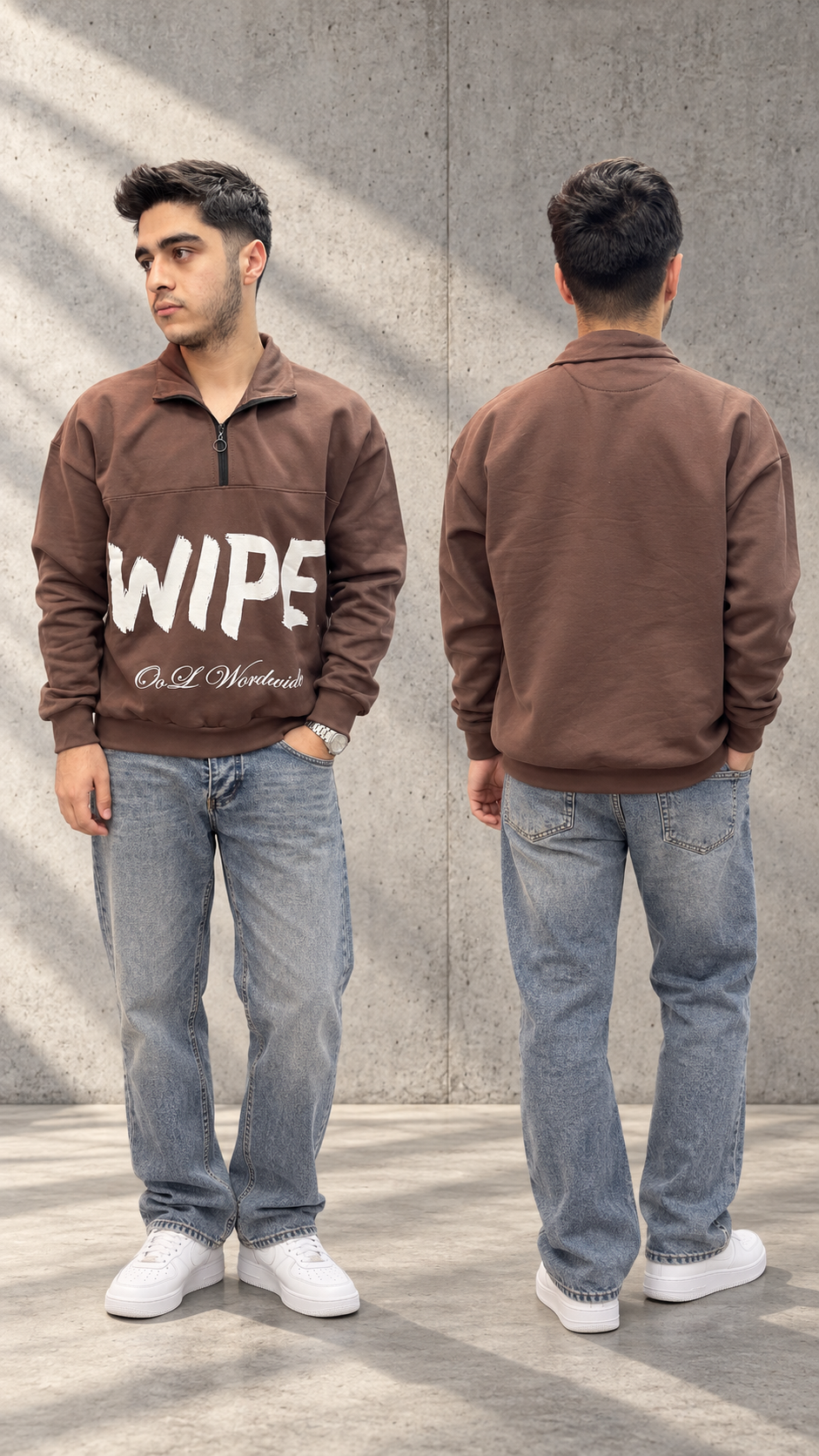 دورس نیم زیپ باکسی پارچه ۳نخ پنبه خارخورده داخل کرک با چاپ WIPE
