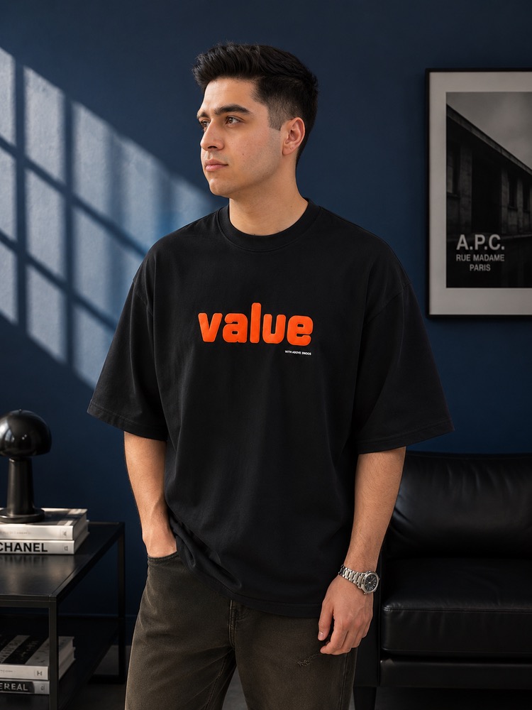 تیشرت مردانه لش باکسی آستین سه ربع پارچه ماکان گرم بالا چاپ پفکی value