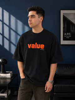 تیشرت مردانه لش باکسی آستین سه ربع پارچه ماکان گرم بالا چاپ پفکی value